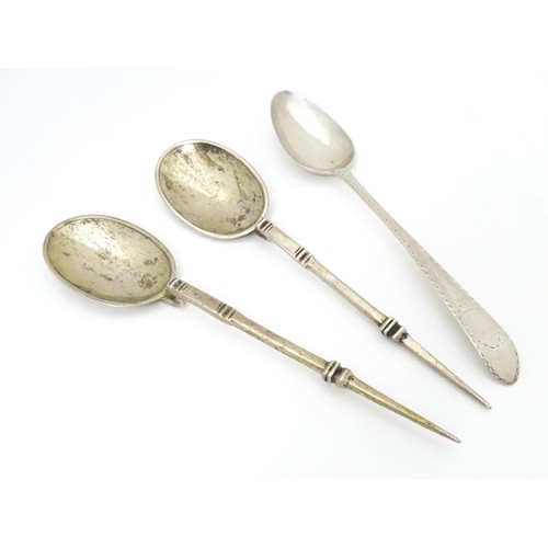 465 - An 18thC Irish silver bright cut spoon, hallmarked Dublin c. 1785, maker Michael Keating. Together w... 