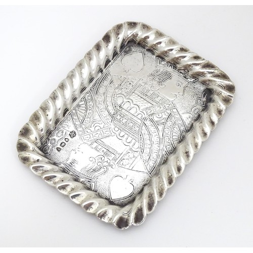 471 - A Victorian silver playing card tray with engraved King of Spades detail, hallmarked London 1894, ma... 