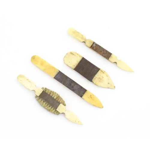 1231 - Four 19thC prisoner of war carved bone manicure tools / nail files, one with brush. Largest approx. ... 