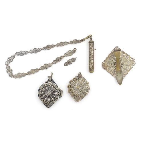 1238 - Late 19thC / early 20thC silver plate and white metal chatelaine items with stylised filigree decora... 