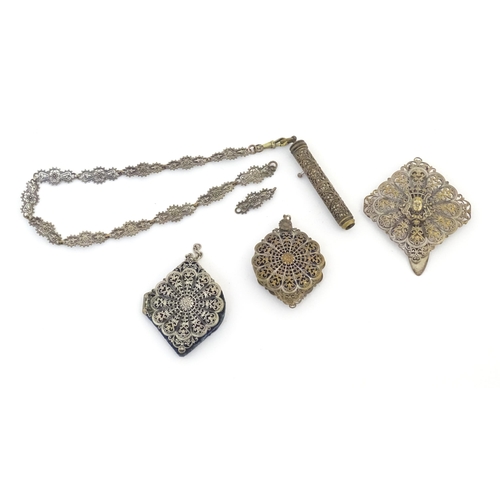 1238 - Late 19thC / early 20thC silver plate and white metal chatelaine items with stylised filigree decora... 