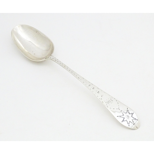 330 - An early 19thC provincial Irish silver table spoon with bright cut decoration, maker Carden Terry & ... 