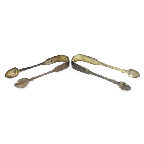 345 - Two Victorian Fiddle pattern sugar tongs one hallmarked Exeter 1863, maker Philip Osment, the other ... 