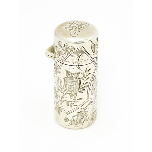 357 - A Victorian silver cased scent bottle with engraved Aesthetic decoration with heron, owl, butterfly,... 