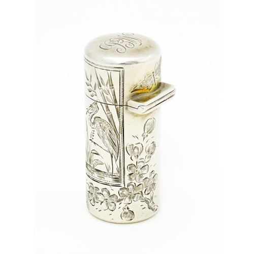 357 - A Victorian silver cased scent bottle with engraved Aesthetic decoration with heron, owl, butterfly,... 