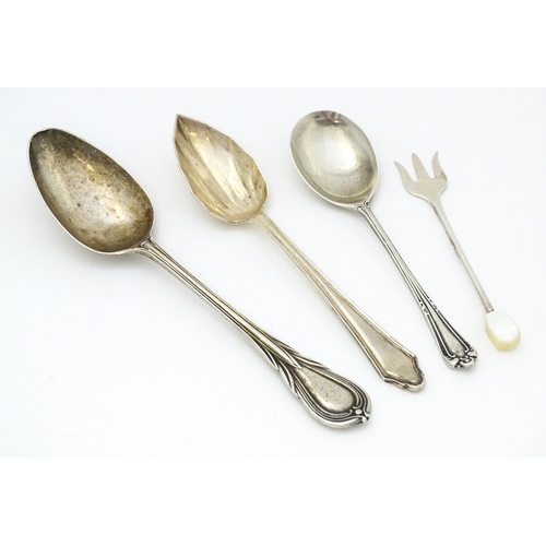 395 - Three silver spoons and pickle fork to include a Lilly pattern teaspoon hallmarked Sheffield 1846 ma... 