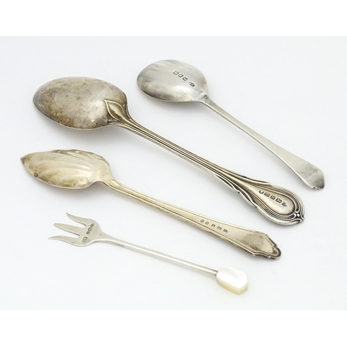 395 - Three silver spoons and pickle fork to include a Lilly pattern teaspoon hallmarked Sheffield 1846 ma... 