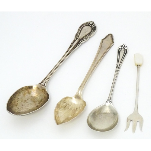 395 - Three silver spoons and pickle fork to include a Lilly pattern teaspoon hallmarked Sheffield 1846 ma... 