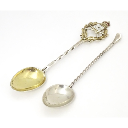 404 - Two silver teaspoons, one with Rifle insignia to handle and gilt bowl, Birmingham 1930, maker Marple... 