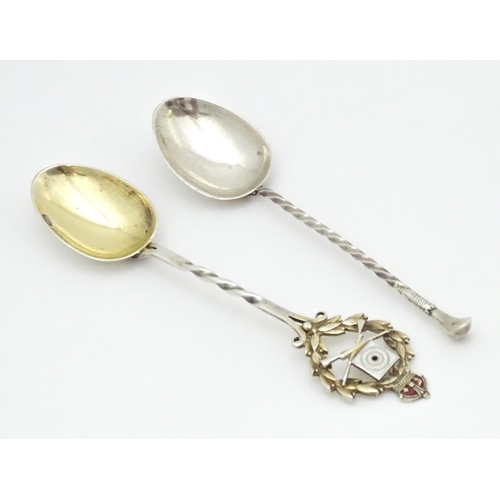 404 - Two silver teaspoons, one with Rifle insignia to handle and gilt bowl, Birmingham 1930, maker Marple... 