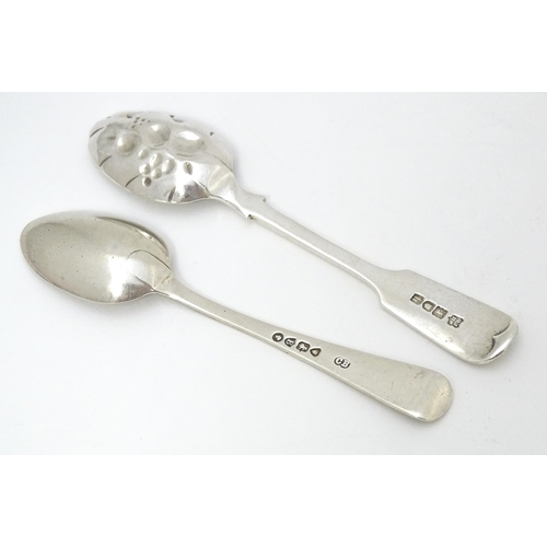 405 - Two silver teaspoons, one Victorian example with bright cut decoration hallmarked London 1877, maker... 