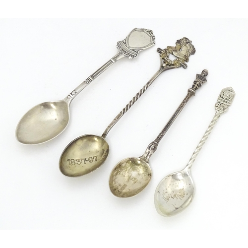 412 - Four assorted silver souvenir / commemorative teaspoons to include one surmounted by bust of William... 