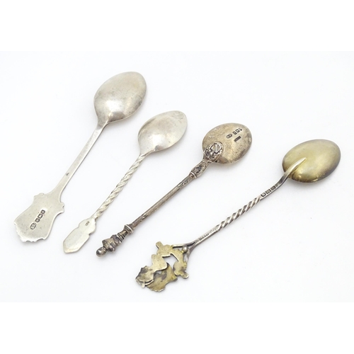 412 - Four assorted silver souvenir / commemorative teaspoons to include one surmounted by bust of William... 