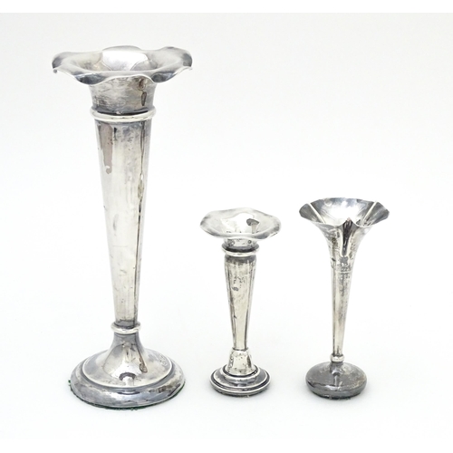 415 - Three various silver bud vases, one hallmarked Sheffield 1905 maker James Deakin & Sons, one hallmar... 