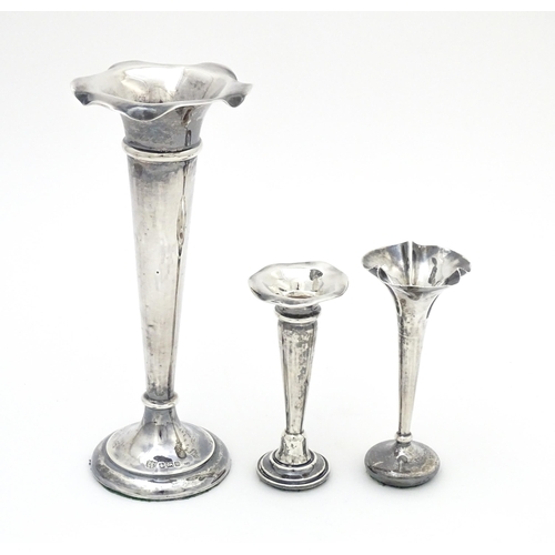 415 - Three various silver bud vases, one hallmarked Sheffield 1905 maker James Deakin & Sons, one hallmar... 