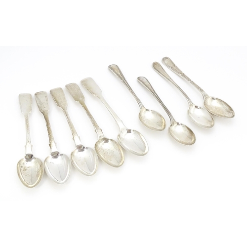 511 - Five Victorian fiddle pattern teaspoons hallmarked London 1843 maker Elizabeth Eaton together with 4... 