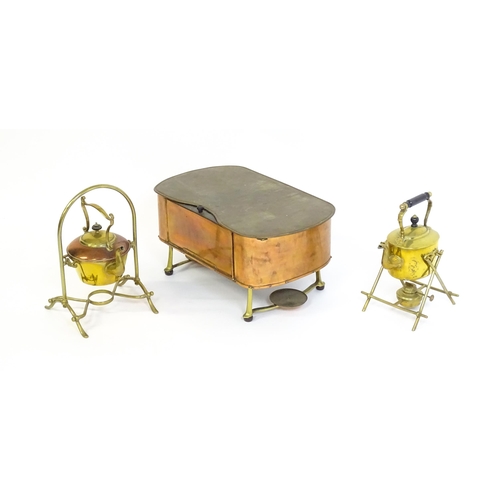 1279 - A 19thC brass spirit kettle on stand by William Soutter & Sons Co. Marked under. Together with anoth... 