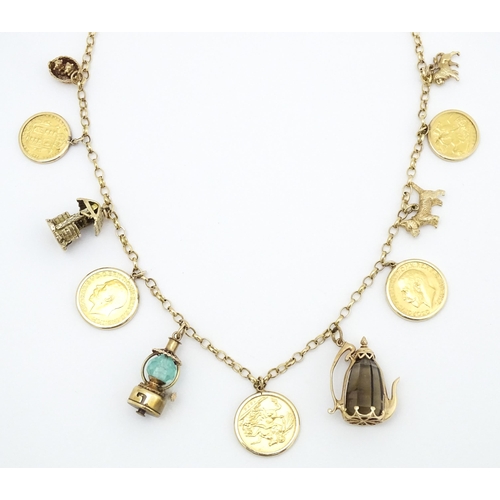 767 - A 9ct gold and yellow metal chain necklace set with three sovereigns in captive mounts, and two half... 