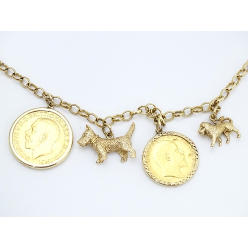 767 - A 9ct gold and yellow metal chain necklace set with three sovereigns in captive mounts, and two half... 