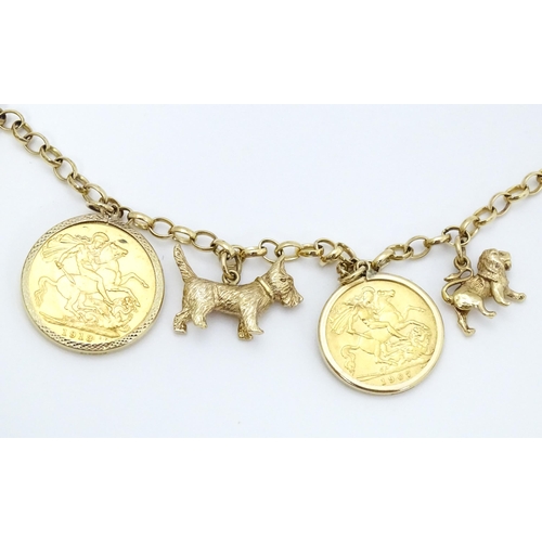 767 - A 9ct gold and yellow metal chain necklace set with three sovereigns in captive mounts, and two half... 