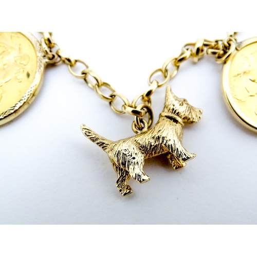 767 - A 9ct gold and yellow metal chain necklace set with three sovereigns in captive mounts, and two half... 