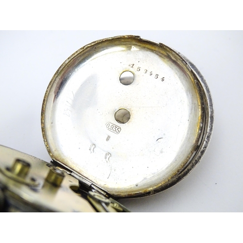 777 - A Continental .935 silver cased pocket watch with white enamel dial having Roman numerals and second... 