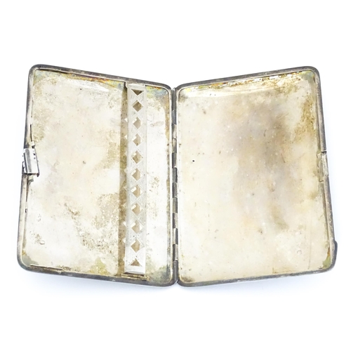 528 - A Continental white metal cigarette case with blue enamel detail. Together with a silver plate mesh ... 