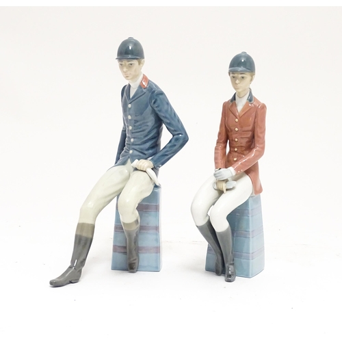 102 - Two Lladro equestrian figures comprising a gentleman jockey with riding crop model no. 5329, and a f... 