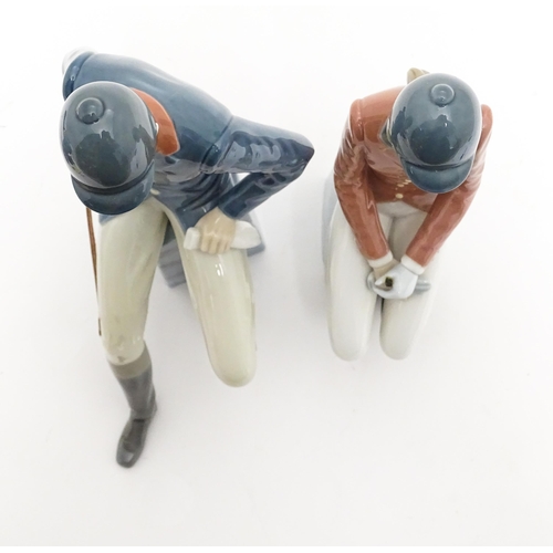 102 - Two Lladro equestrian figures comprising a gentleman jockey with riding crop model no. 5329, and a f... 