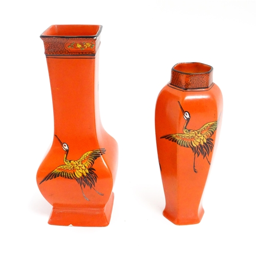 109 - Two Shelley vases, each with an orange ground and flying crane decoration. Pattern no. 8590. Marked ... 