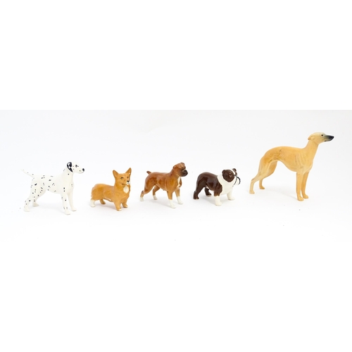 137 - Five Beswick models of dogs comprising Corgi no. 1736, Whippet no. 1786B, Dalmatian no. 961, Bulldog... 