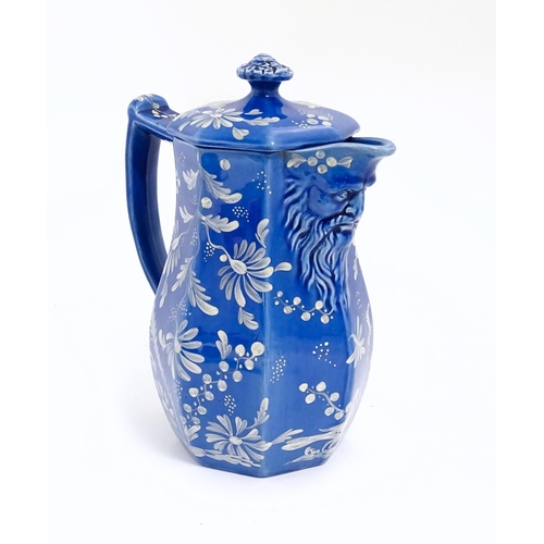 147 - A 19thC Spode coffee pot with relief mask detail to spout with hand painted floral and bird detail. ... 