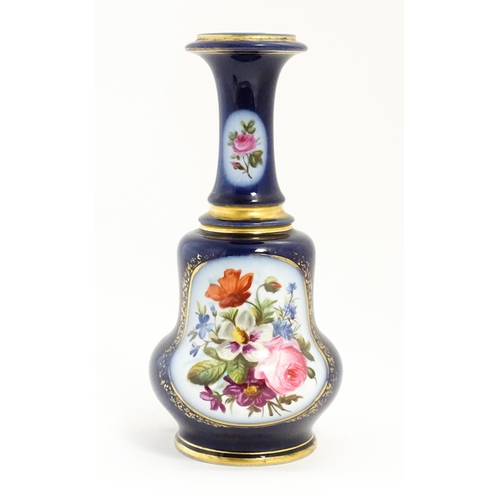 153 - A late 19th / early 20thC vase / lamp base with floral panels decorated with hand painted rose, corn... 