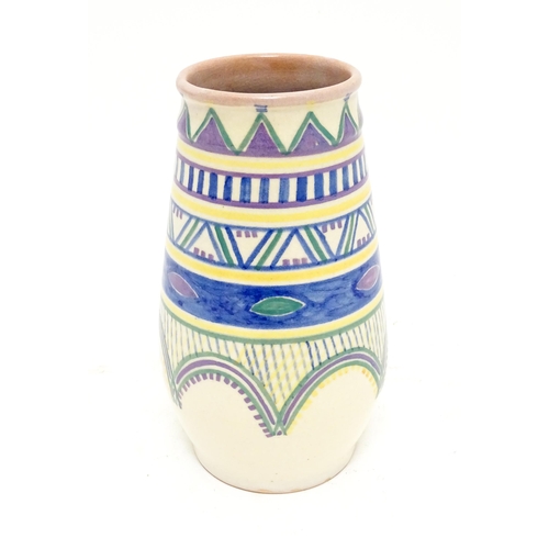 154 - A Carter Stabler Adams Art Deco vase with banded geometric decoration. Marked under. Approx. 7 1/2