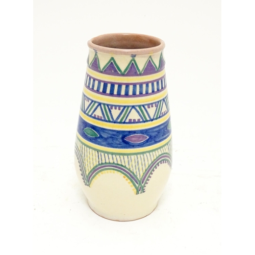 154 - A Carter Stabler Adams Art Deco vase with banded geometric decoration. Marked under. Approx. 7 1/2