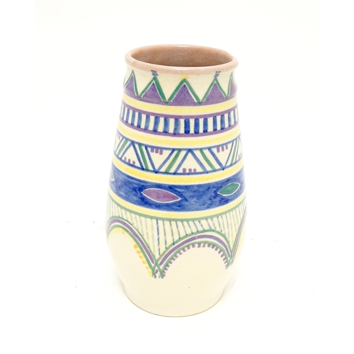 154 - A Carter Stabler Adams Art Deco vase with banded geometric decoration. Marked under. Approx. 7 1/2