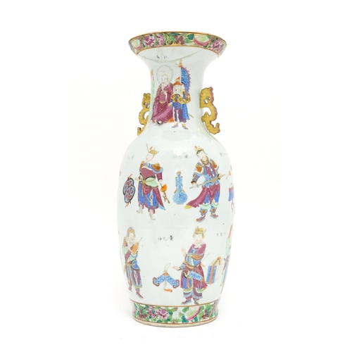 48 - A large Chinese famille rose vase with twin handles, decorated with theatrical Wu Shuang Pu figures,... 