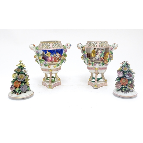 86 - A pair of Dresden Carl Thieme Potschappel pot pourri urns and covers with twin maiden head handles, ... 