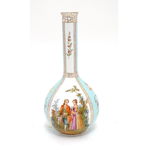 89 - A Dresden bottle vase with panelled decoration depicting courting couples and flowers, with gilt hig... 