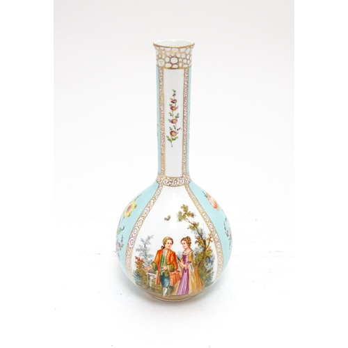 89 - A Dresden bottle vase with panelled decoration depicting courting couples and flowers, with gilt hig... 