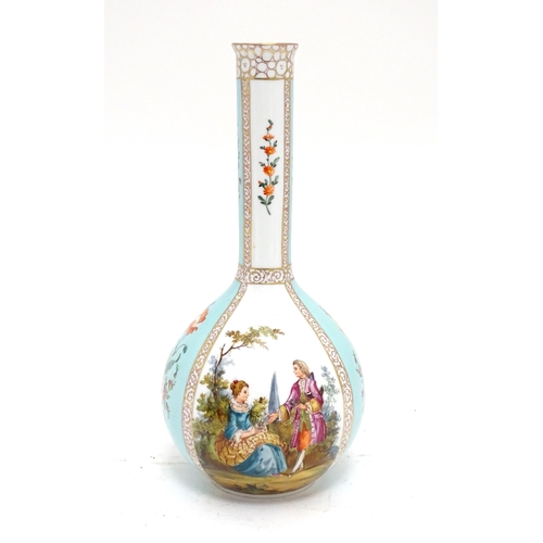 89 - A Dresden bottle vase with panelled decoration depicting courting couples and flowers, with gilt hig... 