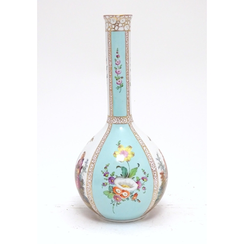 89 - A Dresden bottle vase with panelled decoration depicting courting couples and flowers, with gilt hig... 