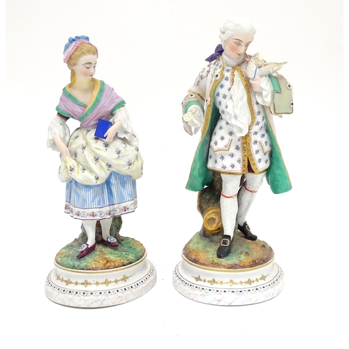 92 - A pair of French bisque porcelain male and female figures on naturalistic circular. Impressed A.M. m... 