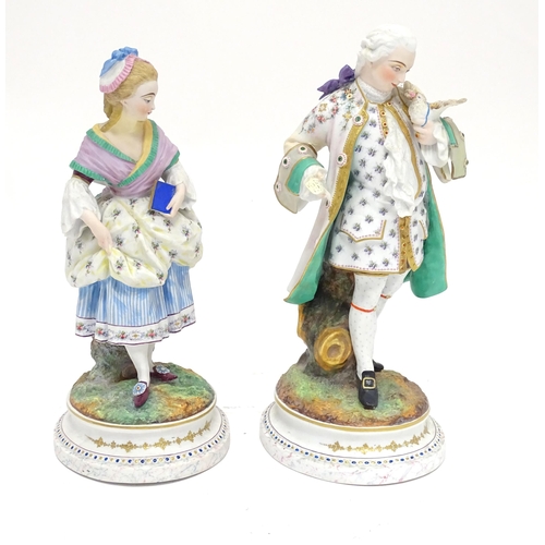 92 - A pair of French bisque porcelain male and female figures on naturalistic circular. Impressed A.M. m... 