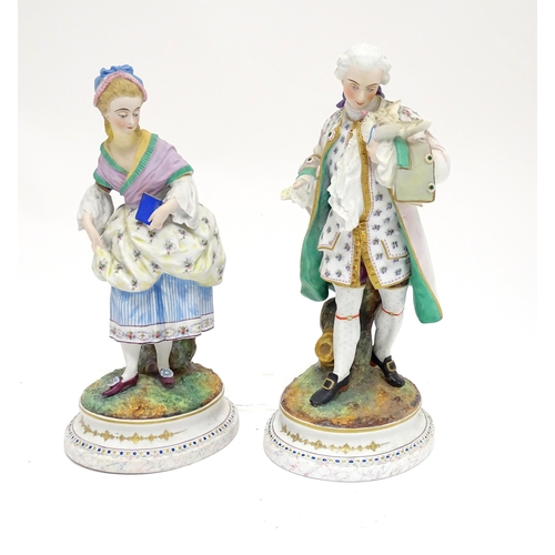 92 - A pair of French bisque porcelain male and female figures on naturalistic circular. Impressed A.M. m... 