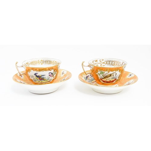 188 - Two 19thC English tea cups and saucers the orange ground decorated with hand painted exotic birds an... 