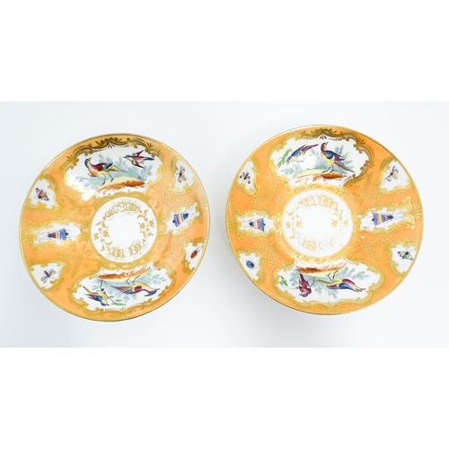 188 - Two 19thC English tea cups and saucers the orange ground decorated with hand painted exotic birds an... 