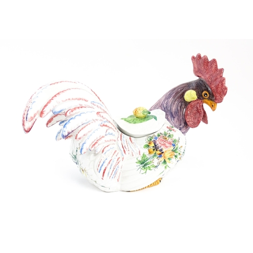 194 - An Italian pot and cover modelled as a cockerel / rooster with hand painted decoration and floral sp... 