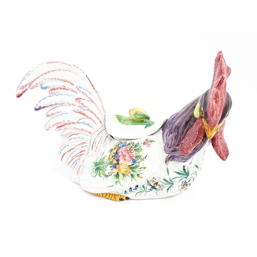 194 - An Italian pot and cover modelled as a cockerel / rooster with hand painted decoration and floral sp... 