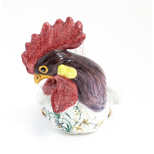 194 - An Italian pot and cover modelled as a cockerel / rooster with hand painted decoration and floral sp... 